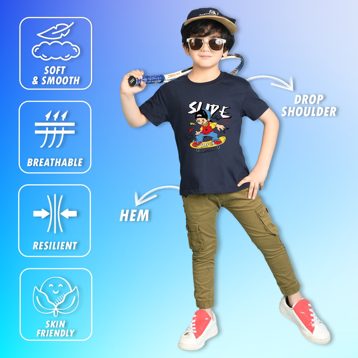 Nusyl Boys Navy Blue Slipe Text Printed Short sleeve Cotton Blend Oversized T-shirts