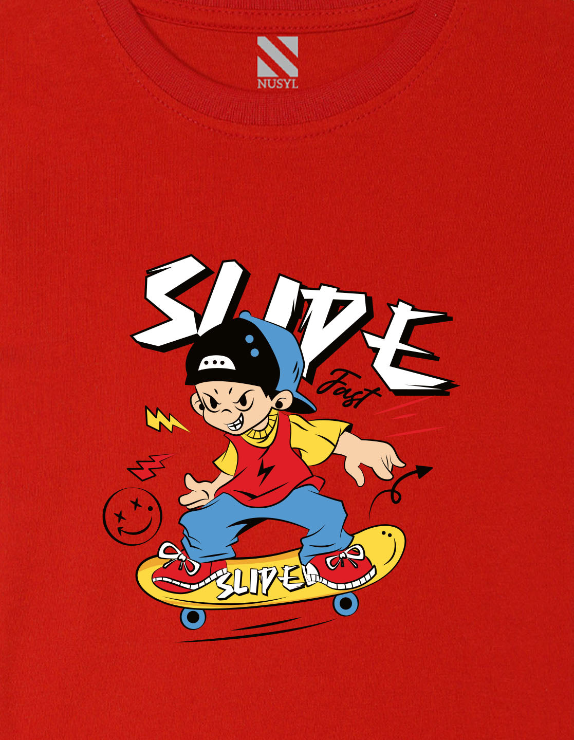 Nusyl Boys Red Slipe Text Printed Short sleeve Cotton Blend Oversized T-shirts