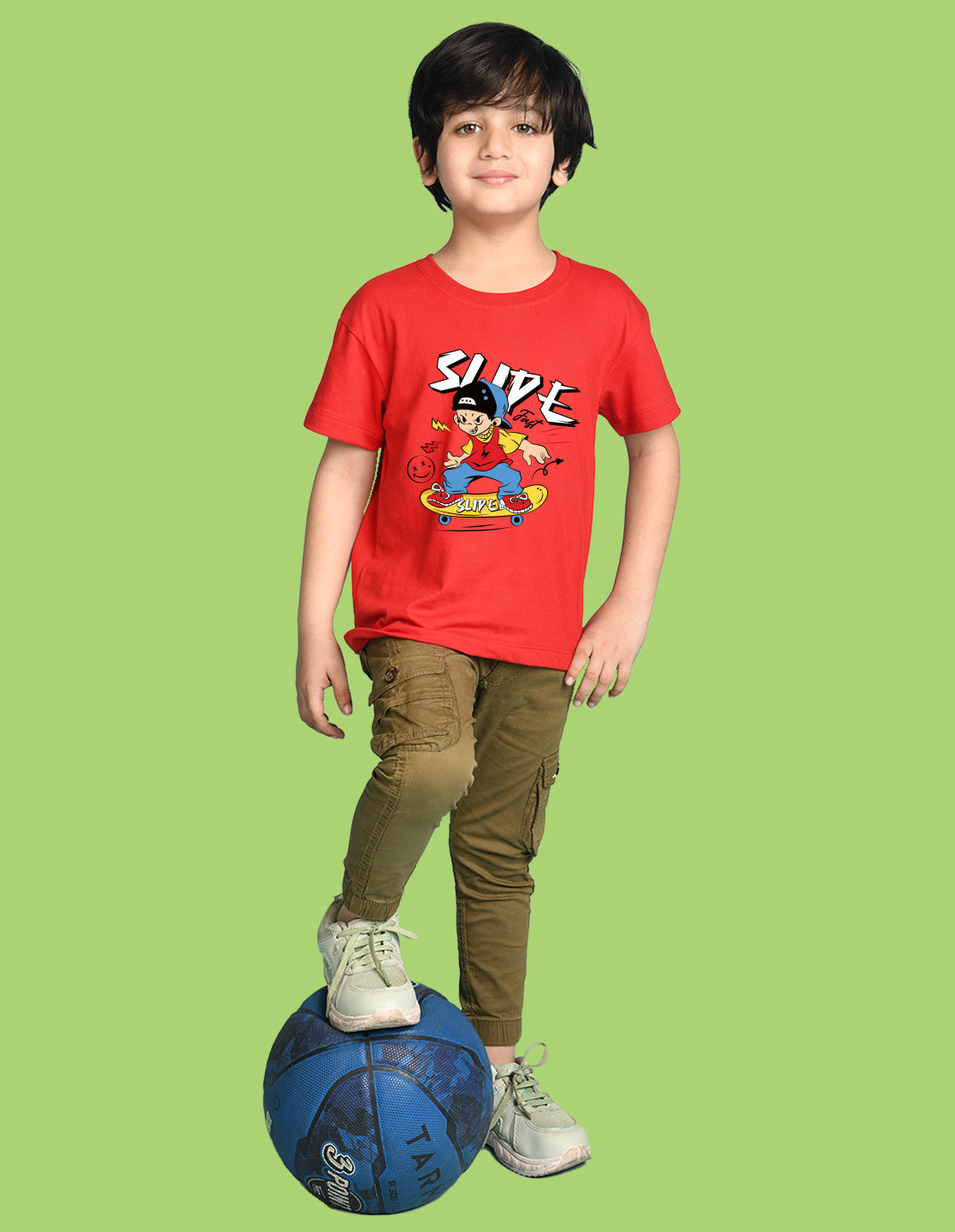 Nusyl Boys Red Slipe Text Printed Short sleeve Cotton Blend Oversized T-shirts
