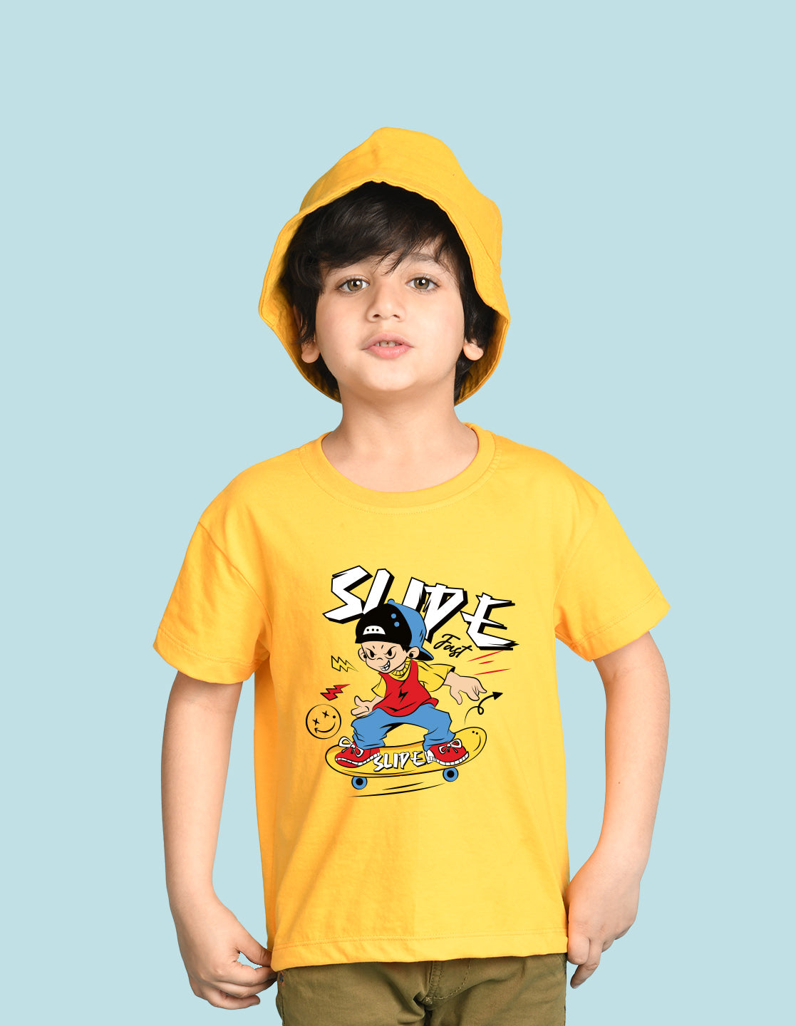 Nusyl Boys Yellow Slipe Text Printed Short sleeve Cotton Blend Oversized T-shirts