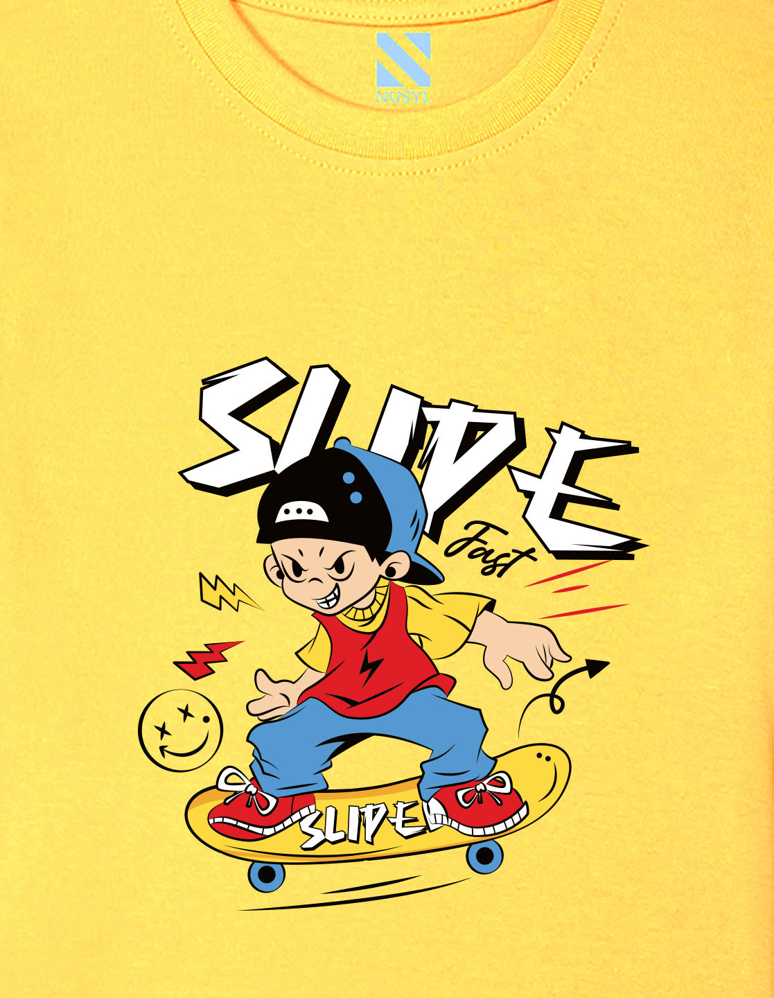 Nusyl Boys Yellow Slipe Text Printed Short sleeve Cotton Blend Oversized T-shirts