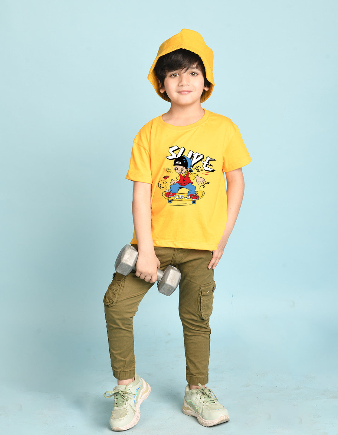 Nusyl Boys Yellow Slipe Text Printed Short sleeve Cotton Blend Oversized T-shirts