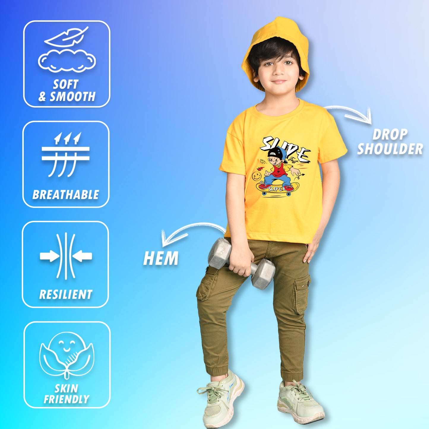 Nusyl Boys Yellow Slipe Text Printed Short sleeve Cotton Blend Oversized T-shirts