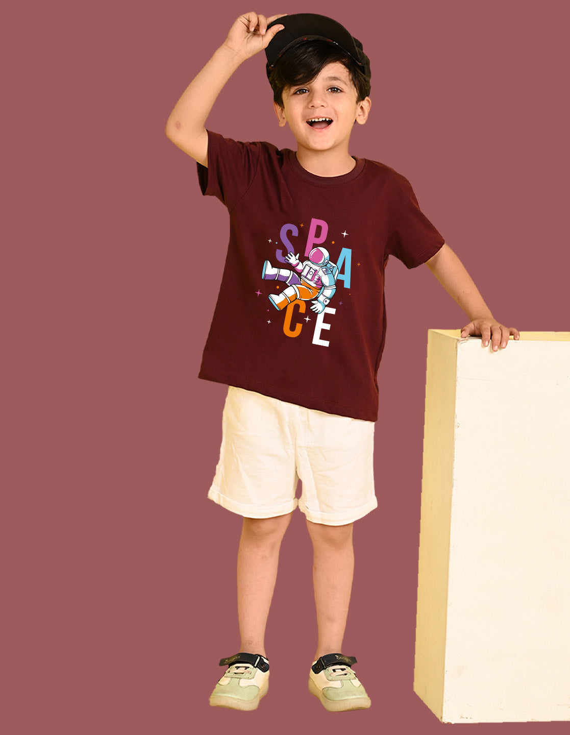 Nusyl Boys Wine Space Text Printed Short Sleeve Oversized T-Shirt