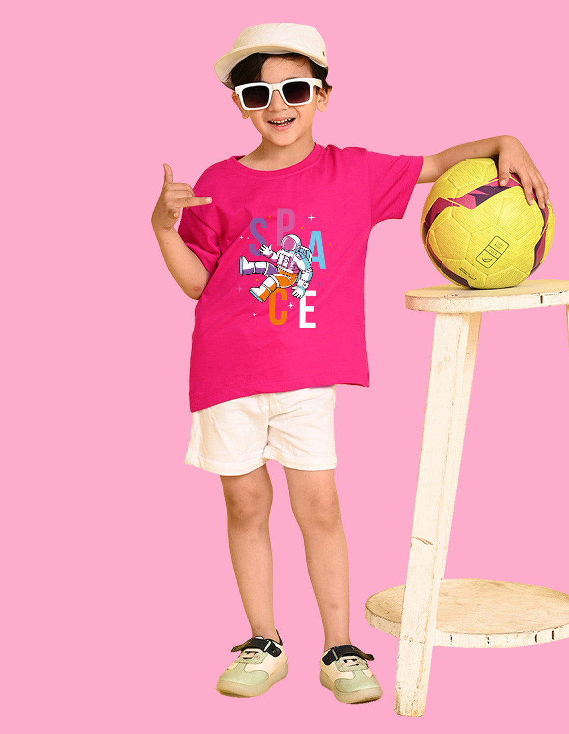 Nusyl Boys Hot Pink Space Text Printed Short Sleeve Oversized T-Shirt