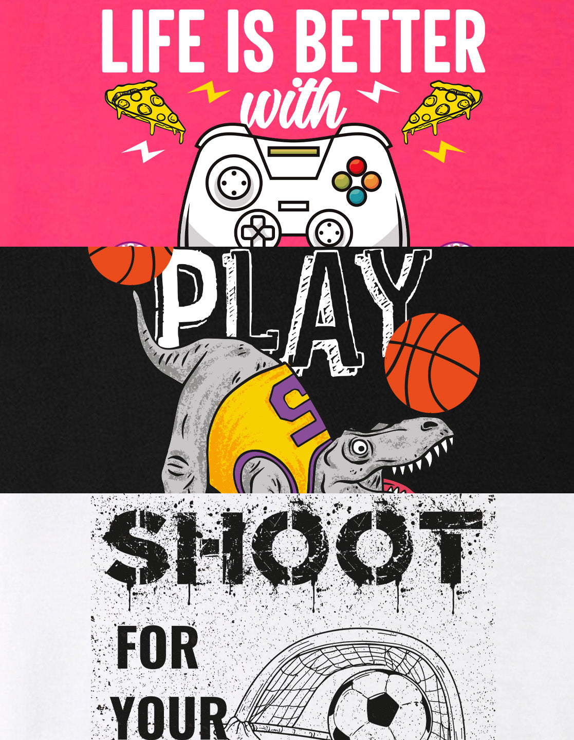 Nusyl Boys Hot Pink & Black & White Dinosaur & Text Printed Oversized T-Shirt - Pack of 3