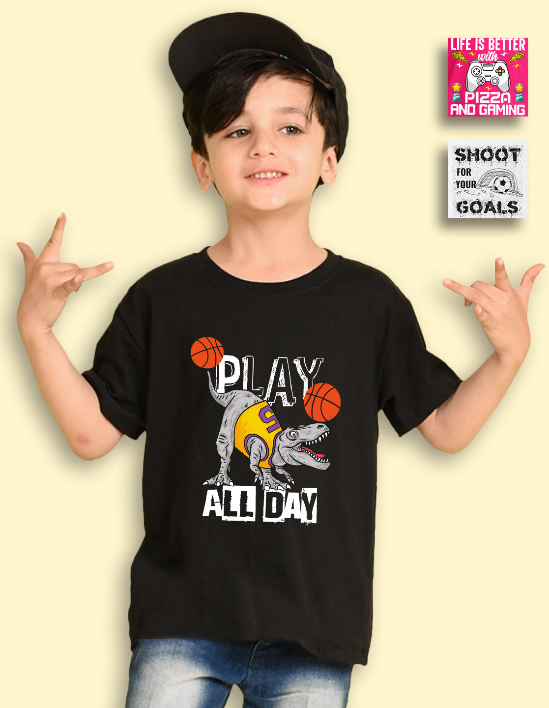 Nusyl Boys Hot Pink & Black & White Dinosaur & Text Printed Oversized T-Shirt - Pack of 3