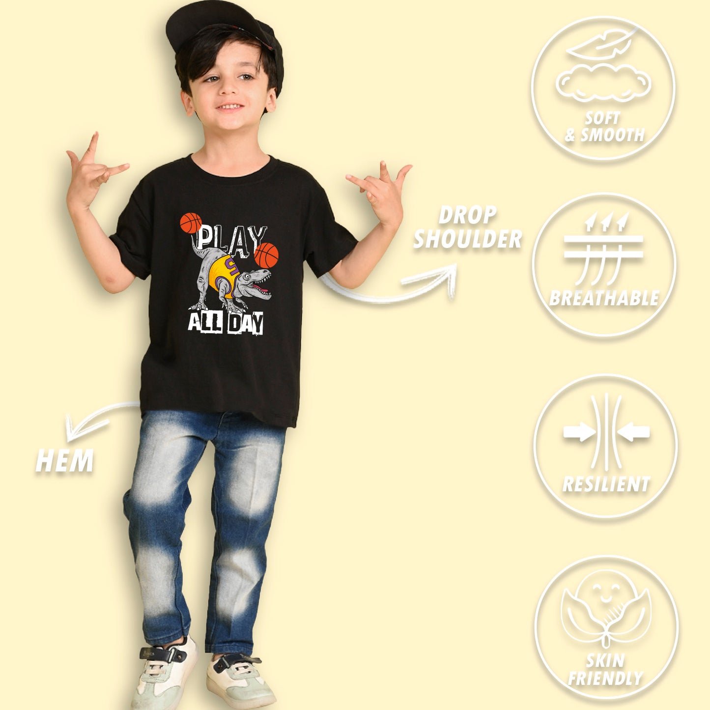 Nusyl Boys Hot Pink & Black & White Dinosaur & Text Printed Oversized T-Shirt - Pack of 3
