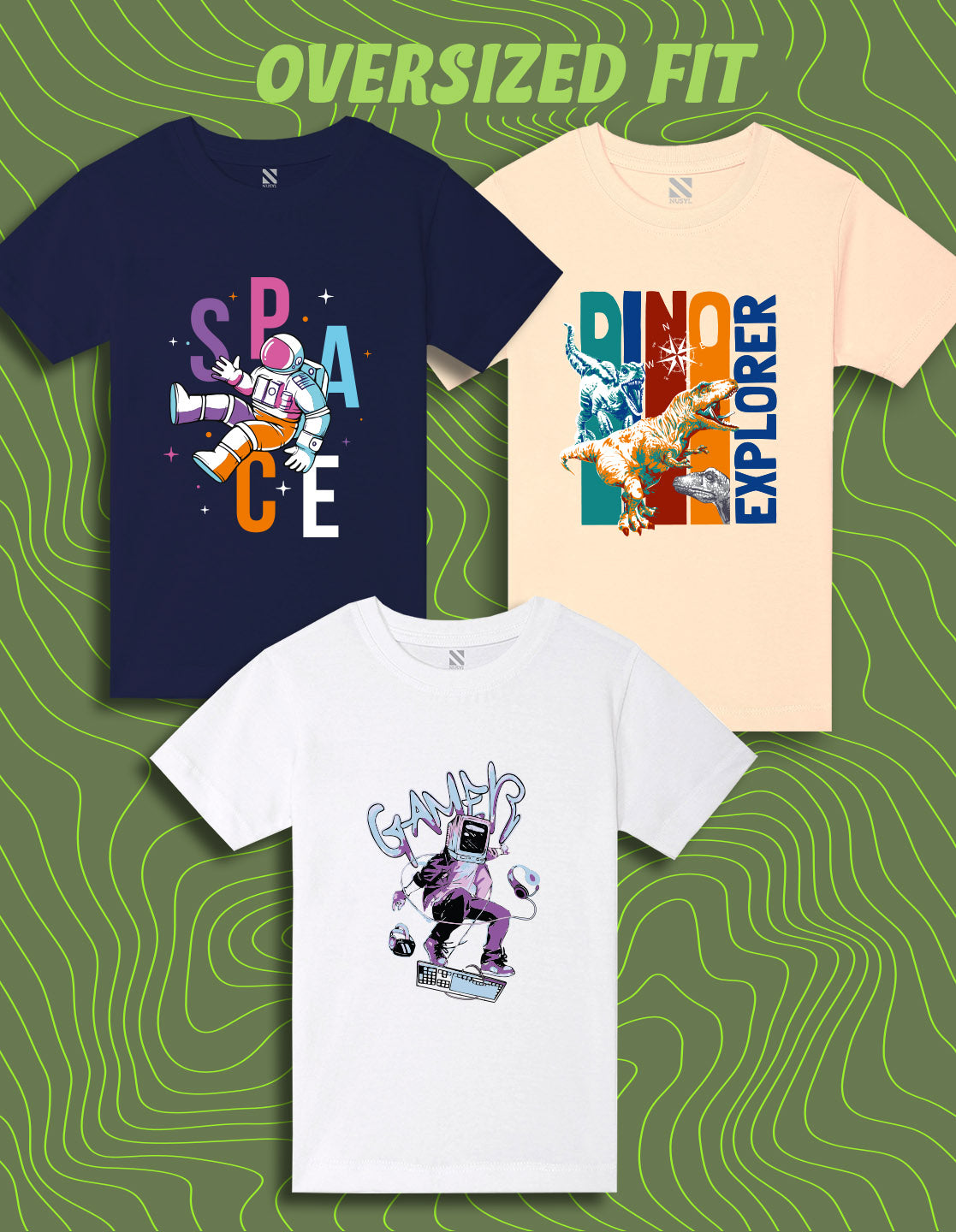 Nusyl Boys Beige & Navy Blue & White Space & Dinosaur Printed Oversized T-Shirt - Pack of 3
