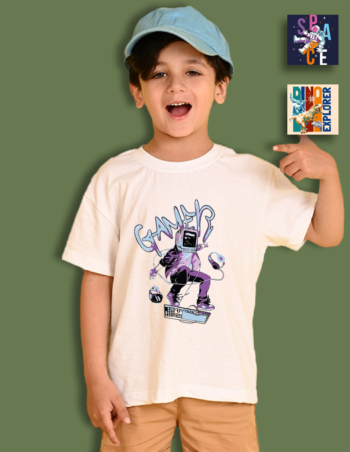 Nusyl Boys Beige & Navy Blue & White Space & Dinosaur Printed Oversized T-Shirt - Pack of 3