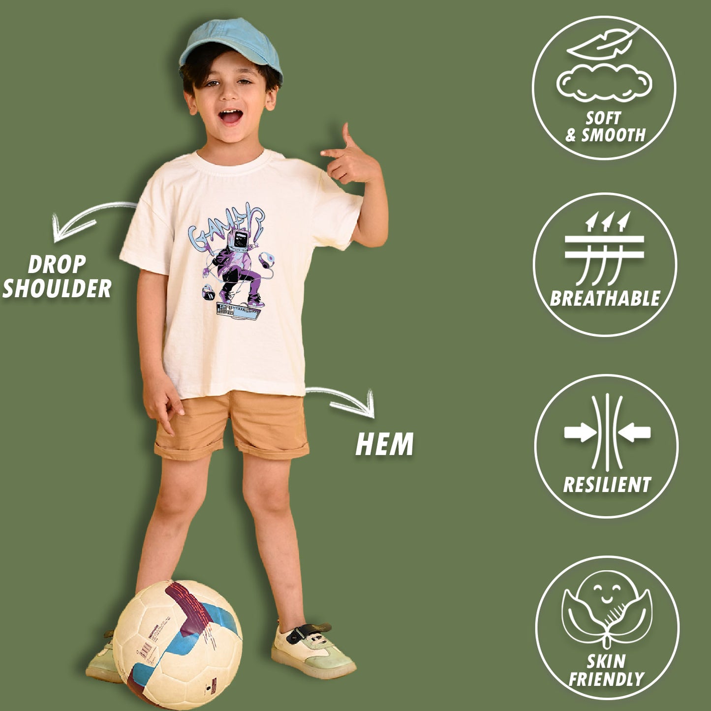 Nusyl Boys Beige & Navy Blue & White Space & Dinosaur Printed Oversized T-Shirt - Pack of 3