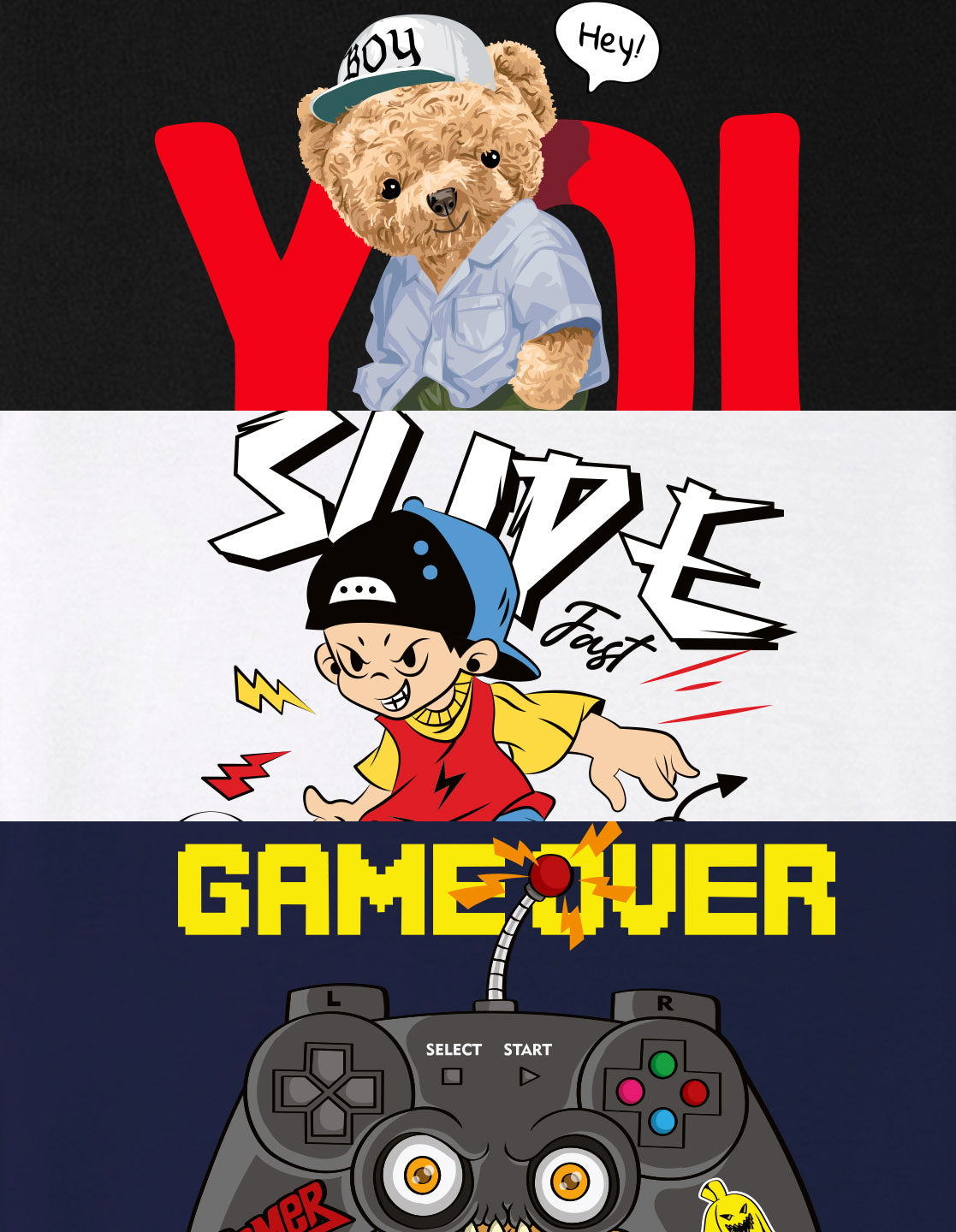 Nusyl Boys Black & White & Navy Blue Teddy Bear & Text Printed Oversized T-Shirt - Pack of 3