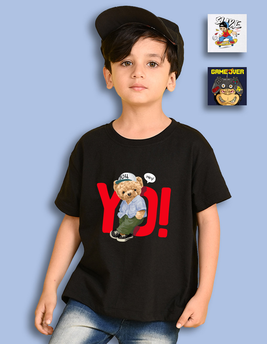 Nusyl Boys Black & White & Navy Blue Teddy Bear & Text Printed Oversized T-Shirt - Pack of 3