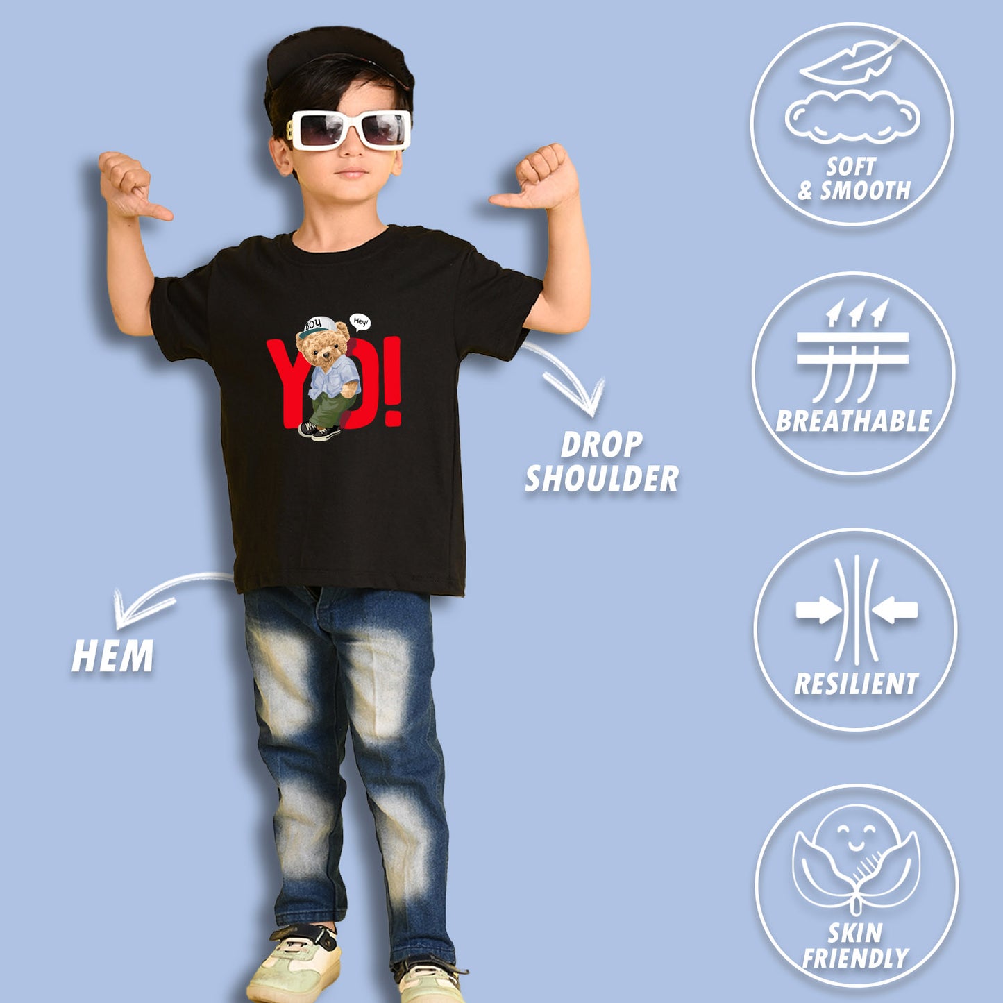 Nusyl Boys Black & White & Navy Blue Teddy Bear & Text Printed Oversized T-Shirt - Pack of 3