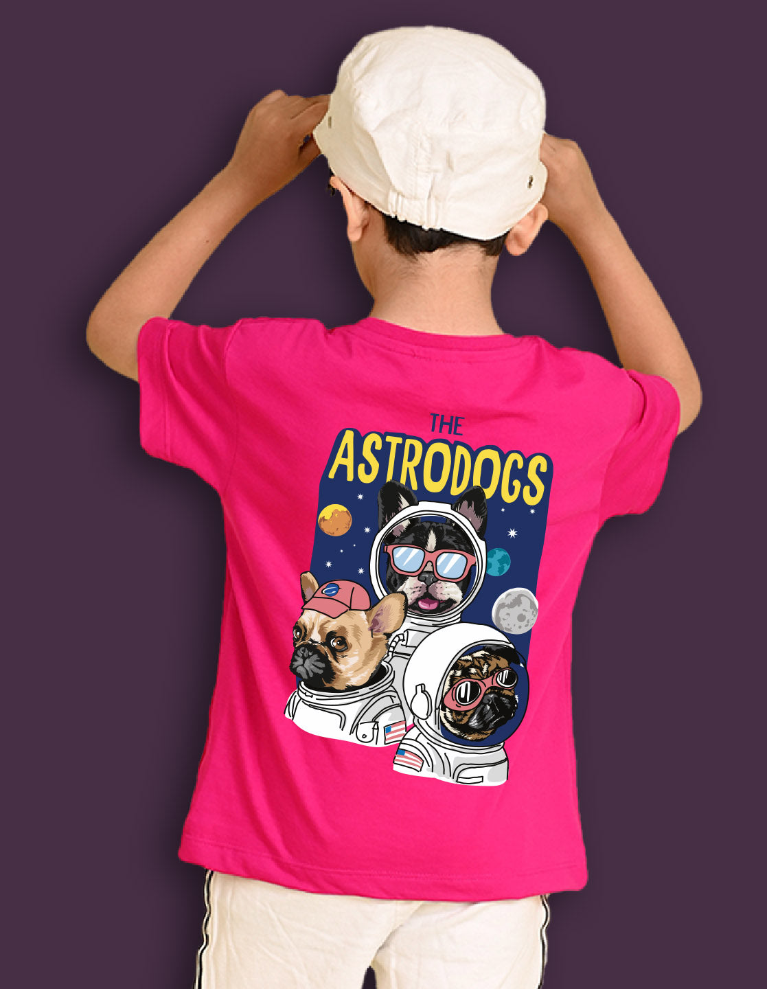 Nusyl Boys White & Wine & Hot Pink Astrodogs & Text Printed Oversized T-Shirt - Pack of 3
