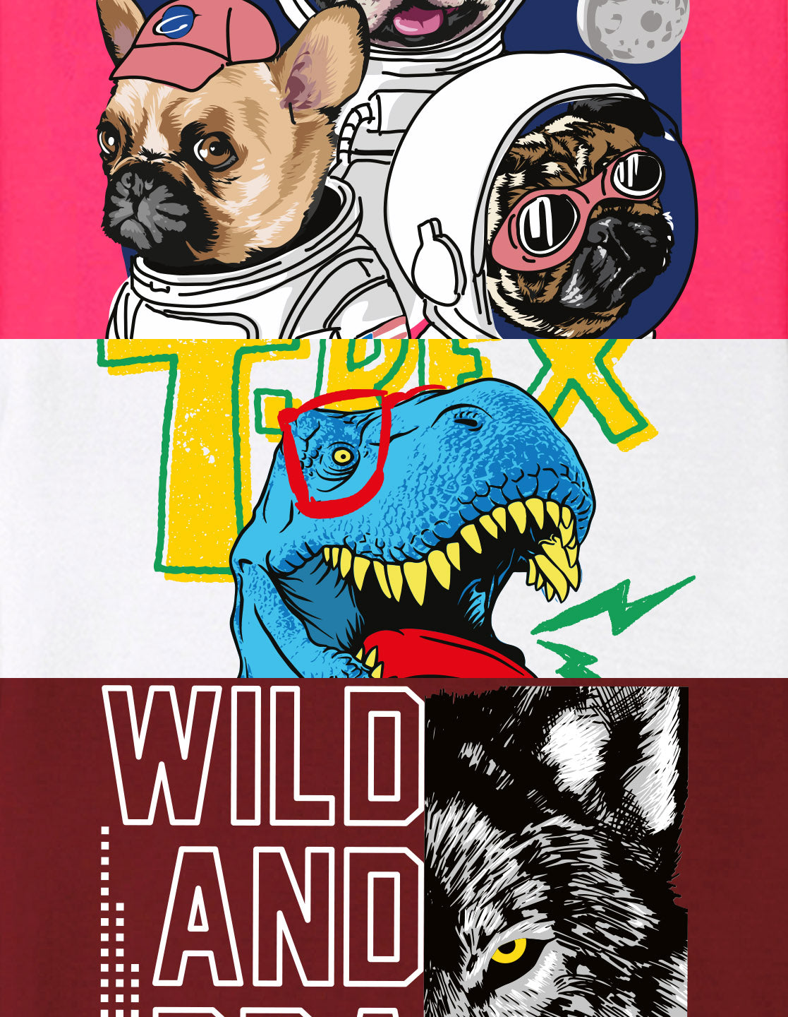 Nusyl Boys White & Wine & Hot Pink Astrodogs & Text Printed Oversized T-Shirt - Pack of 3