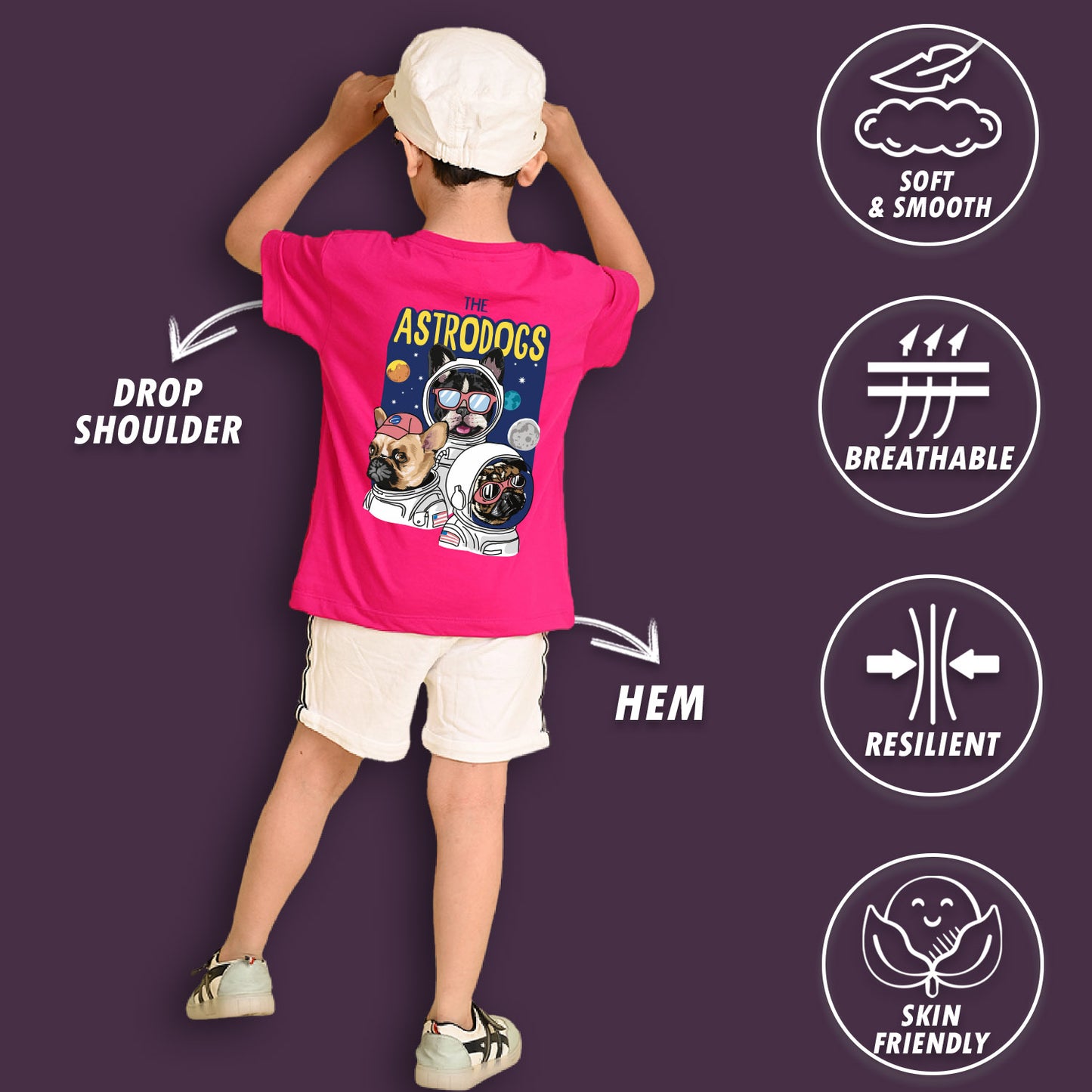 Nusyl Boys White & Wine & Hot Pink Astrodogs & Text Printed Oversized T-Shirt - Pack of 3