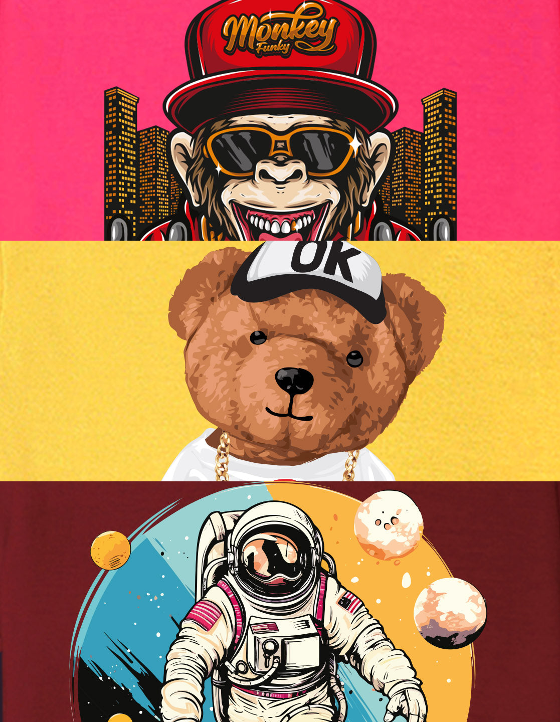 Nusyl Boys Wine & Yellow & Hot Pink Monkey & Text Printed Oversized T-Shirt - Pack of 3