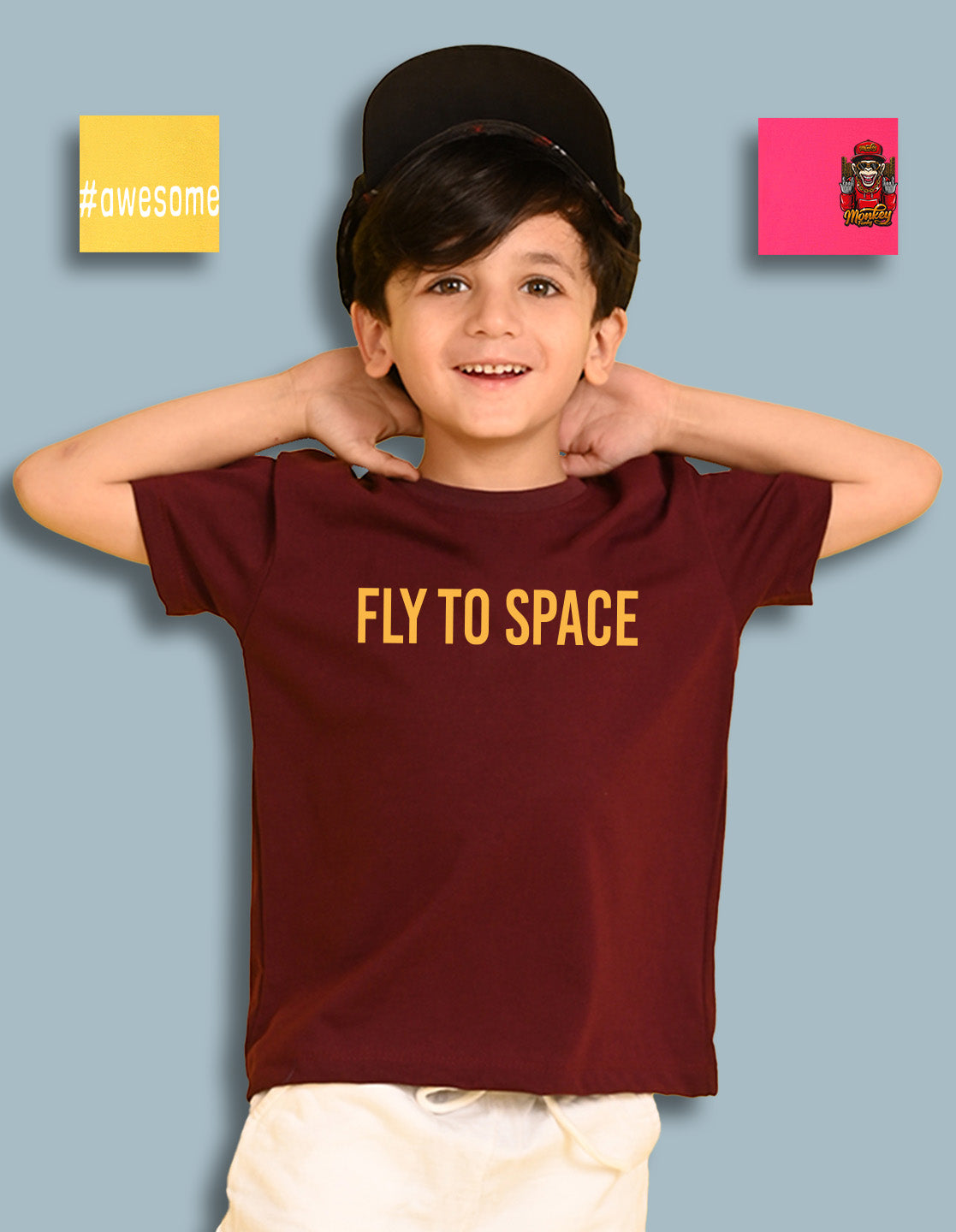 Nusyl Boys Wine & Yellow & Hot Pink Monkey & Text Printed Oversized T-Shirt - Pack of 3