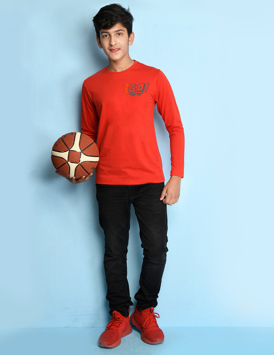 Nusyl Red Biowashed Cotton Full Sleeve T-shirt