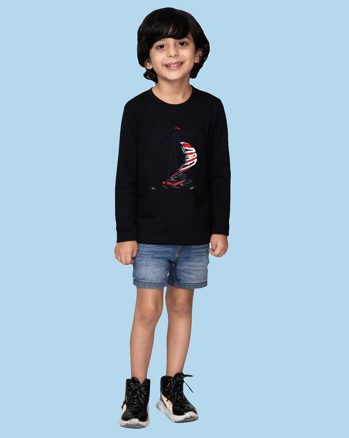 Nusyl Black Boat & Text Printed Full Sleeve Cotton T-Shirts for Boys