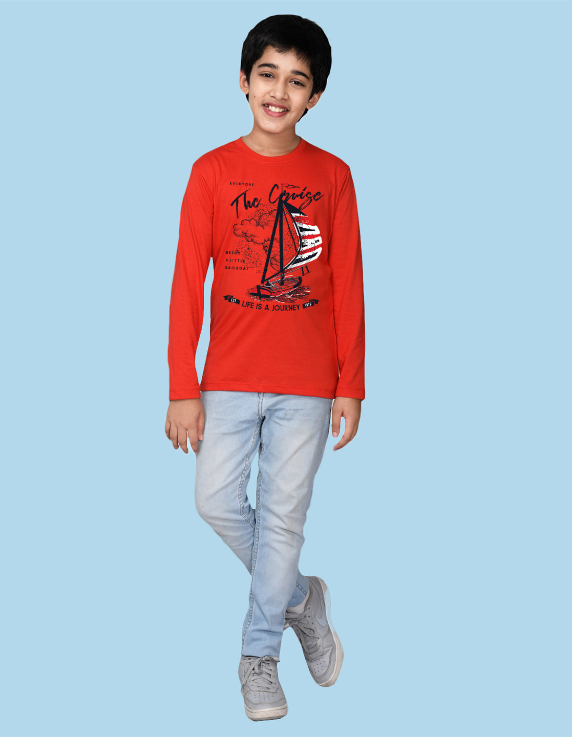 NUSYL Boy's Red boat & Text Printed Regular Fit T-Shirt
