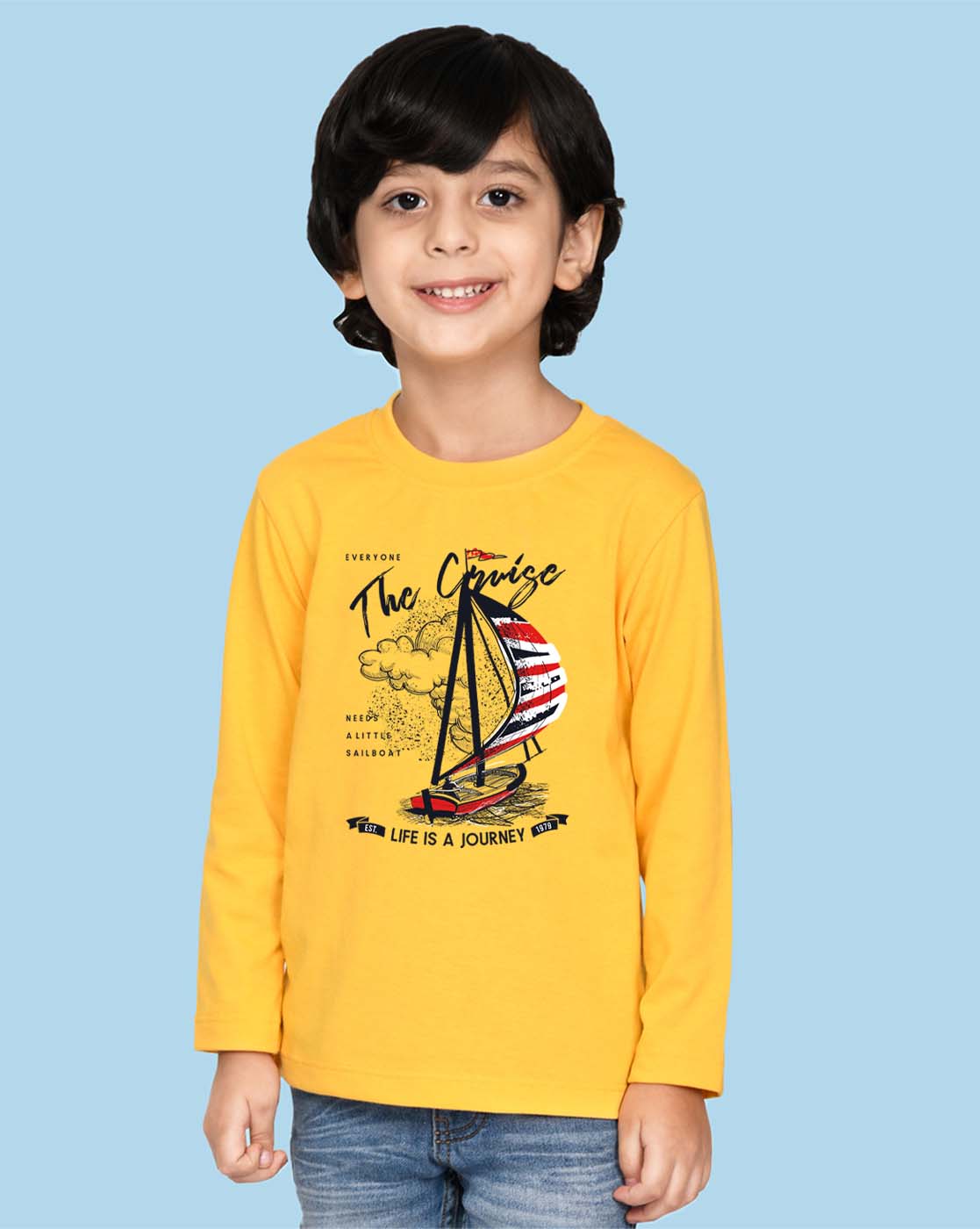 Nusyl Yellow Boat & Text Printed Full Sleeve Cotton T-Shirts for Boys