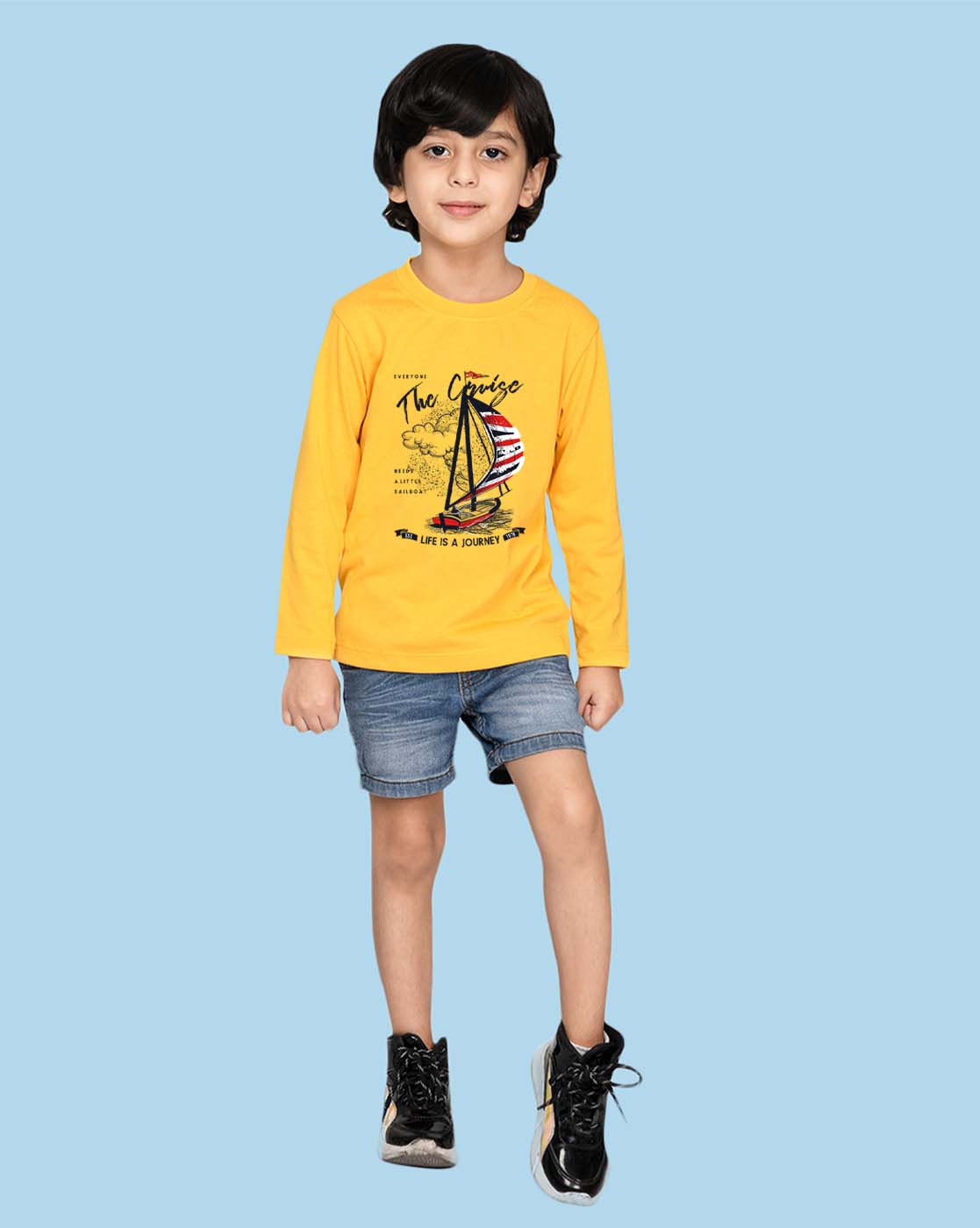 Nusyl Yellow Boat & Text Printed Full Sleeve Cotton T-Shirts for Boys