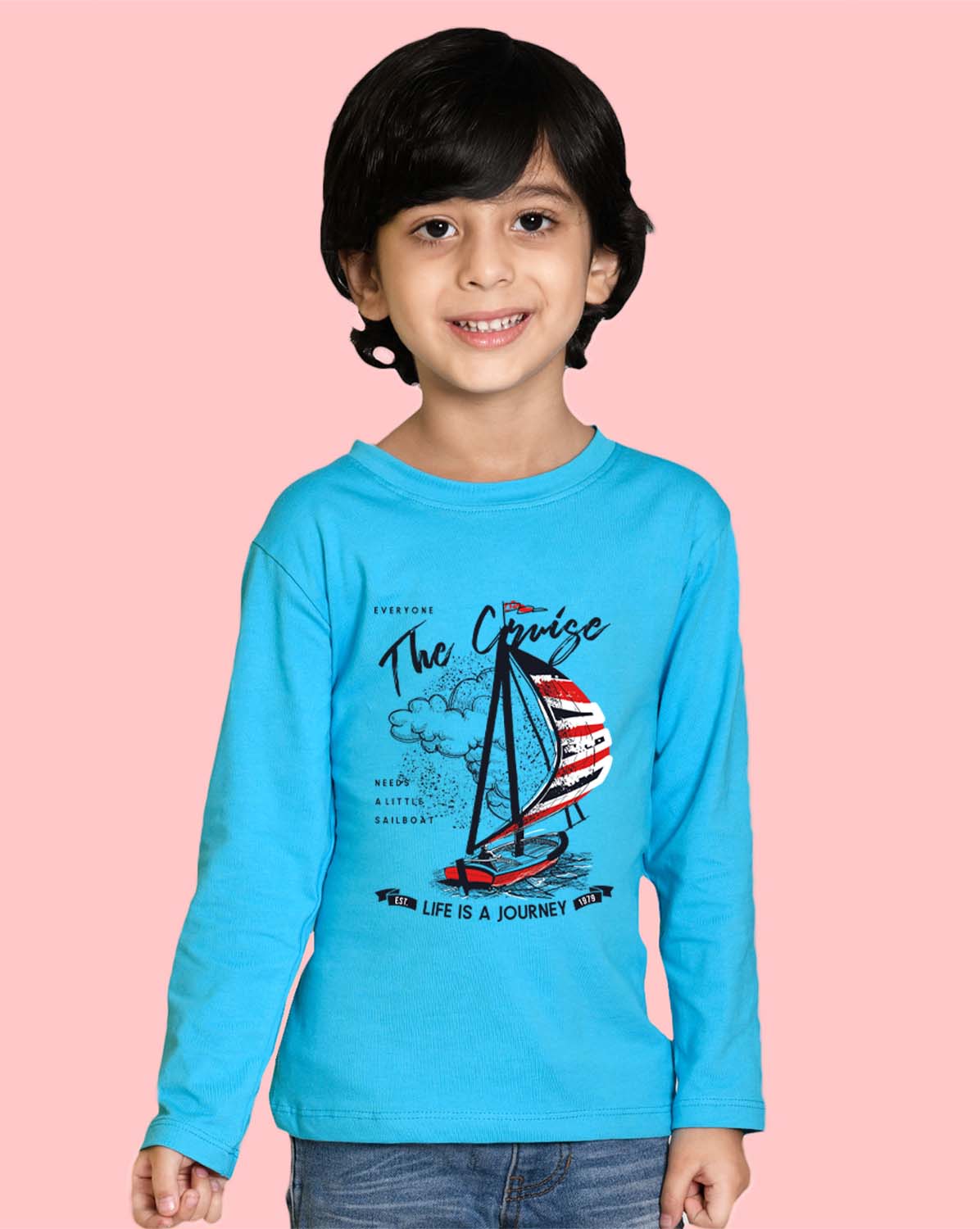 Nusyl Sky Blue Boat & Text Printed Full Sleeve Cotton T-Shirts for Boys
