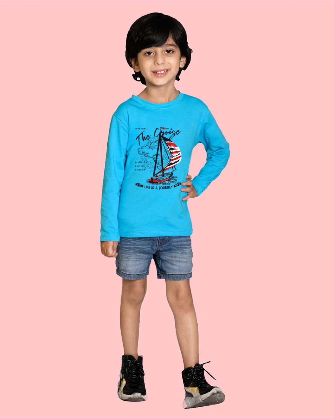 Nusyl Sky Blue Boat & Text Printed Full Sleeve Cotton T-Shirts for Boys
