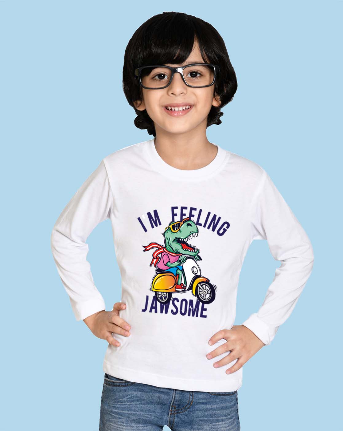 Nusyl White Dinosaur Printed Full Sleeve Cotton T-Shirts for Boys