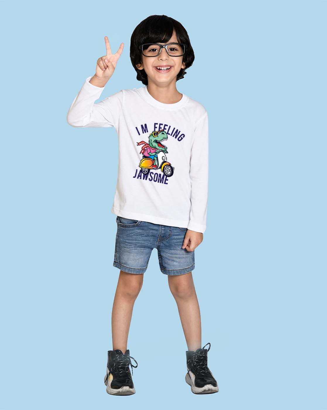 Nusyl White Dinosaur Printed Full Sleeve Cotton T-Shirts for Boys