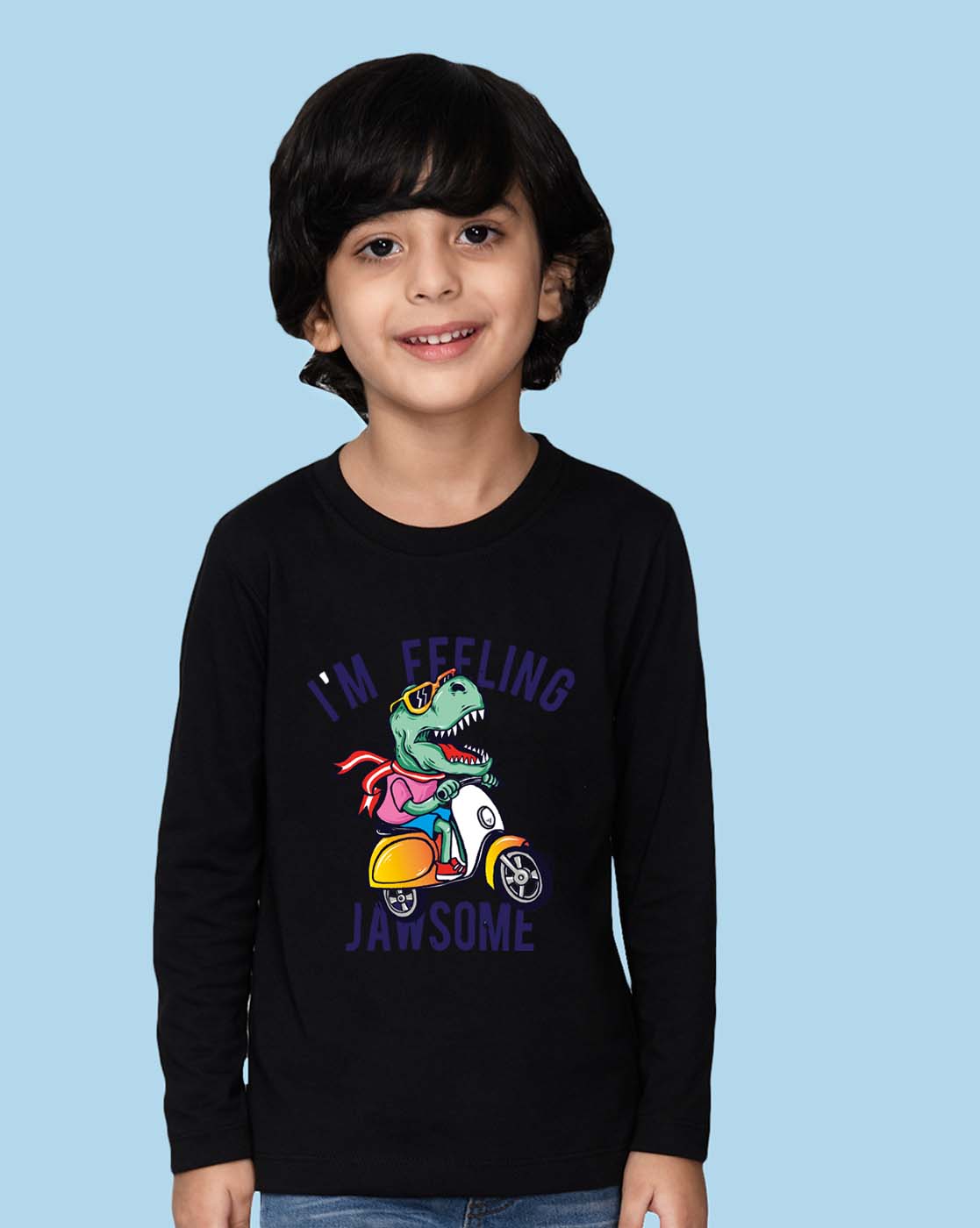 Nusyl Black Dinosaur Printed Full Sleeve Cotton T-Shirts for Boys