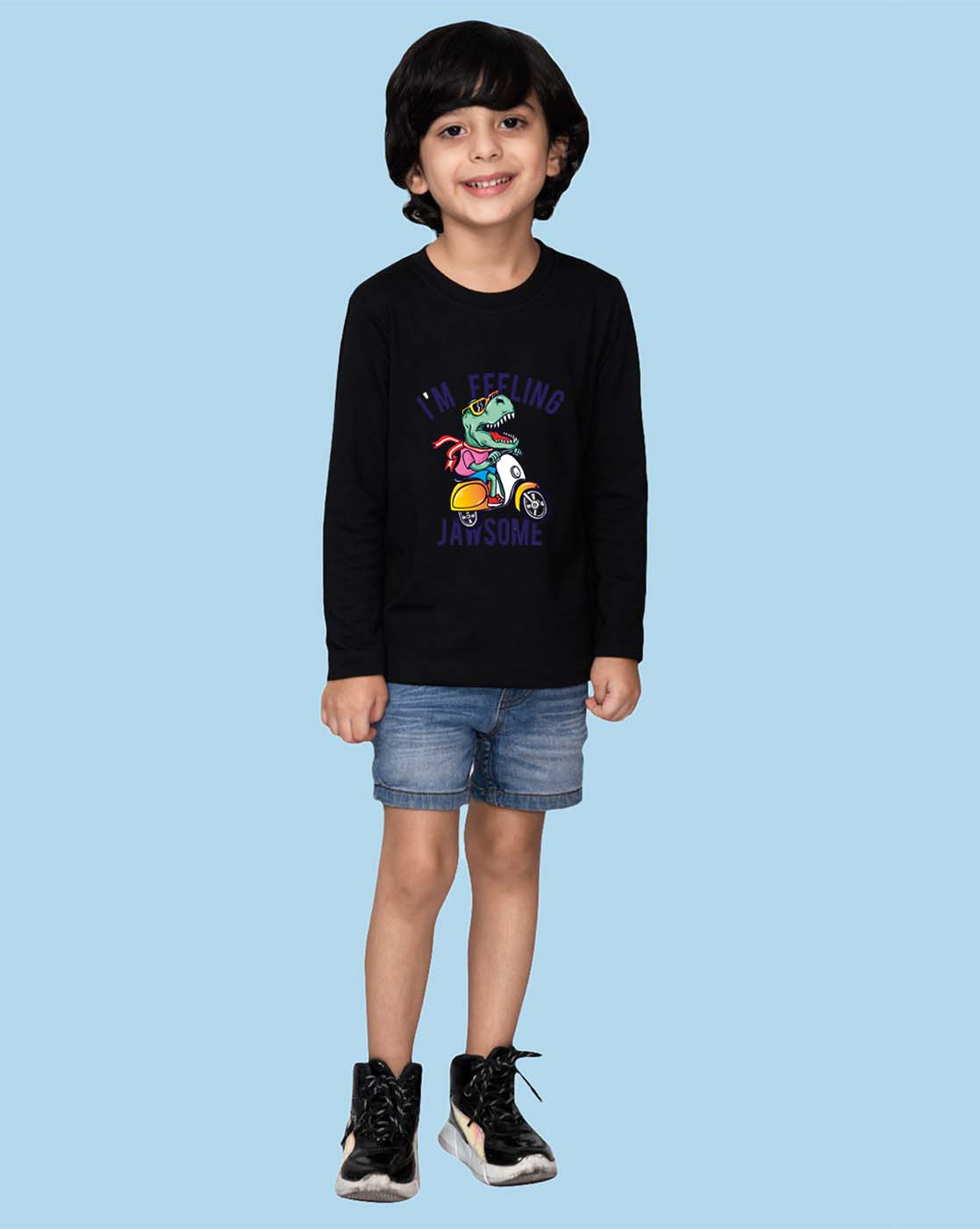 Nusyl Black Dinosaur Printed Full Sleeve Cotton T-Shirts for Boys