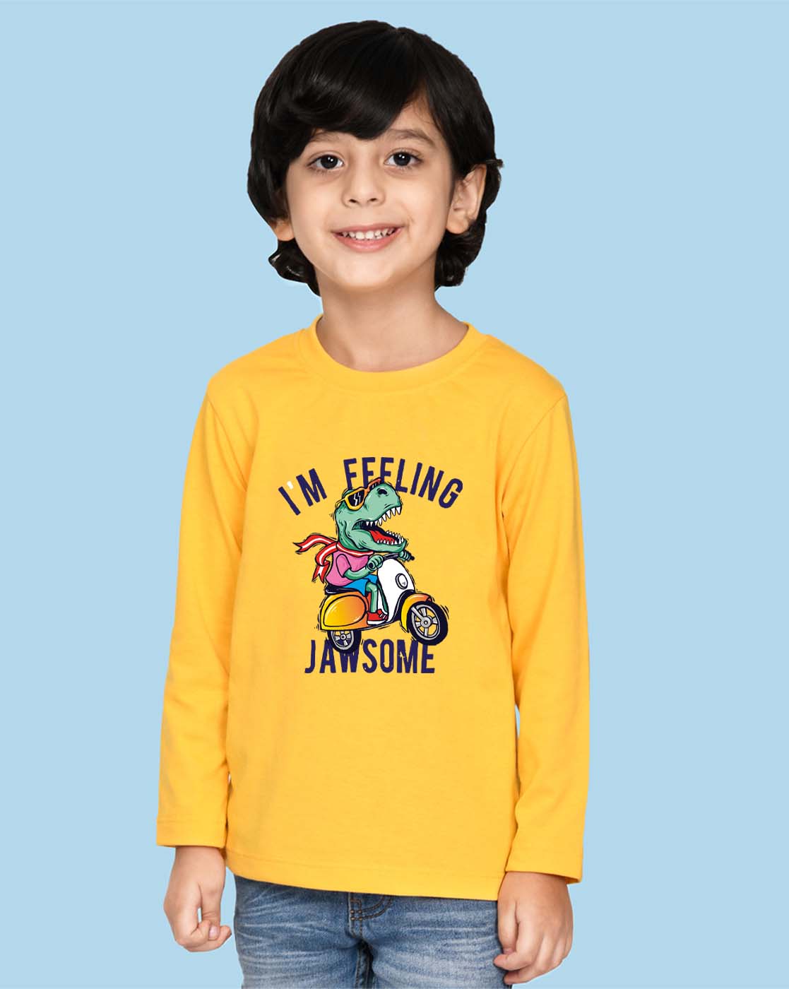 Nusyl Yellow Dinosaur Printed Full Sleeve Cotton T-Shirts for Boys