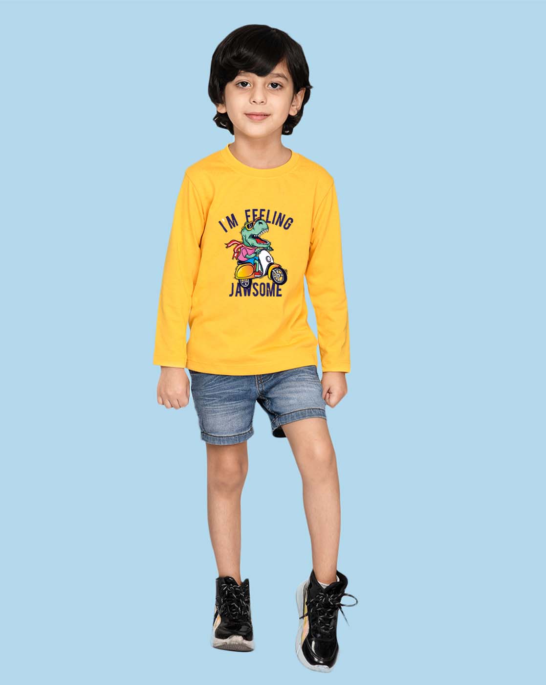 Nusyl Yellow Dinosaur Printed Full Sleeve Cotton T-Shirts for Boys