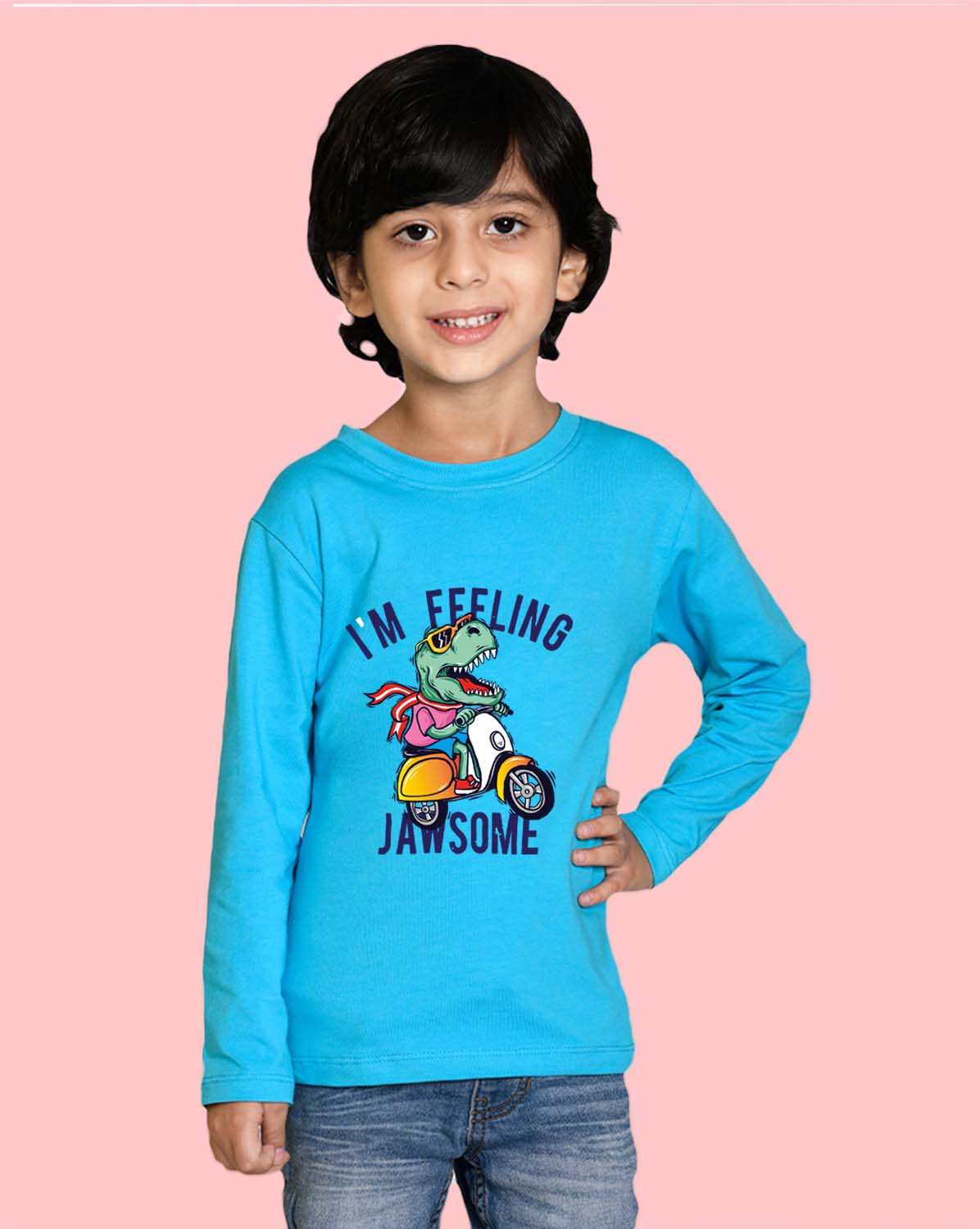 Nusyl Sky Blue Dinosaur Printed Full Sleeve Cotton T-Shirts for Boys