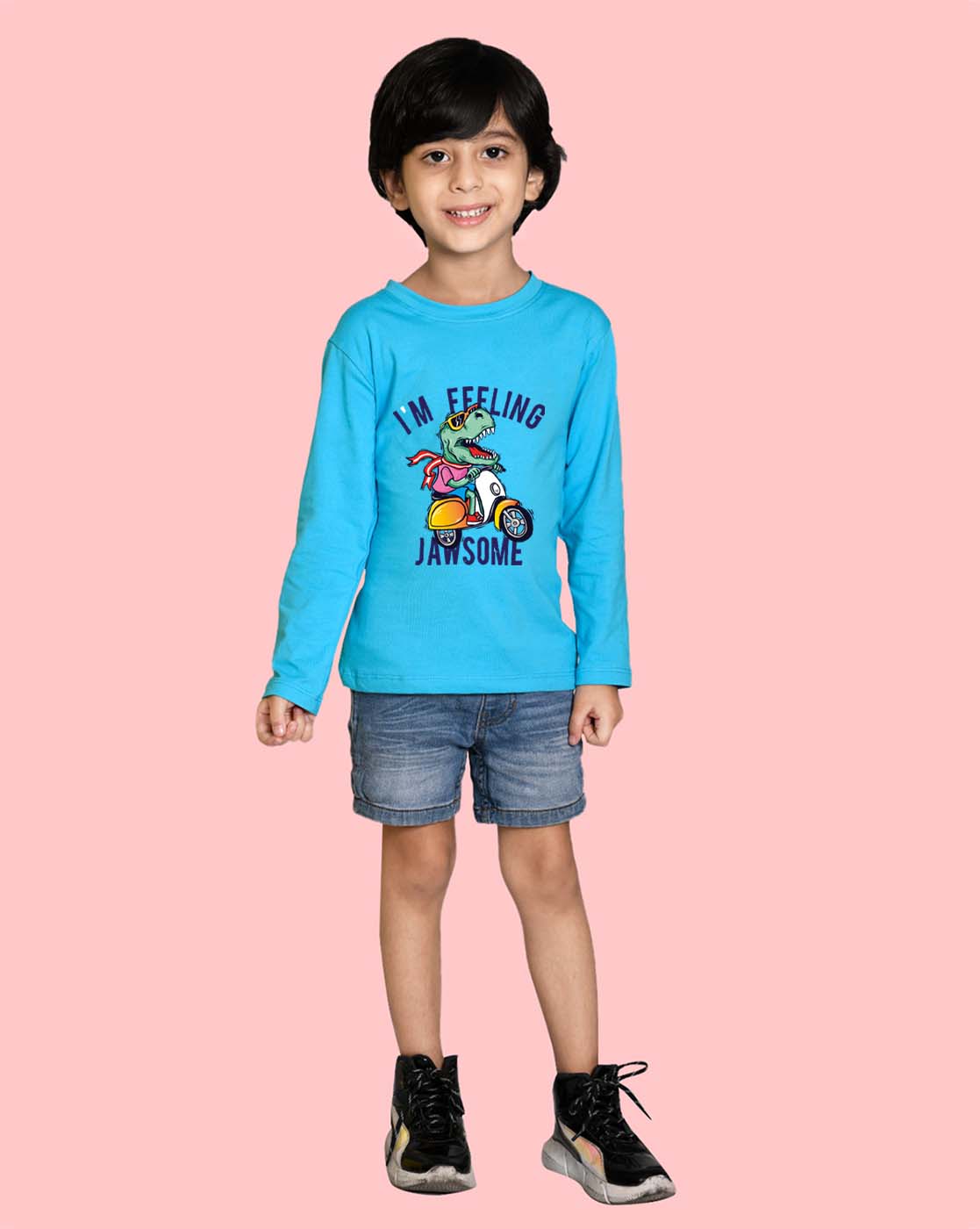 Nusyl Sky Blue Dinosaur Printed Full Sleeve Cotton T-Shirts for Boys