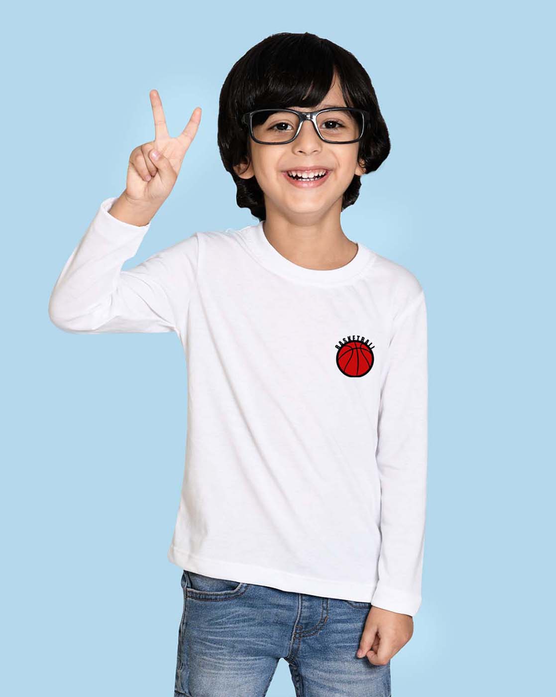 Nusyl White Basketball Printed Full Sleeve Cotton T-Shirts for Boys