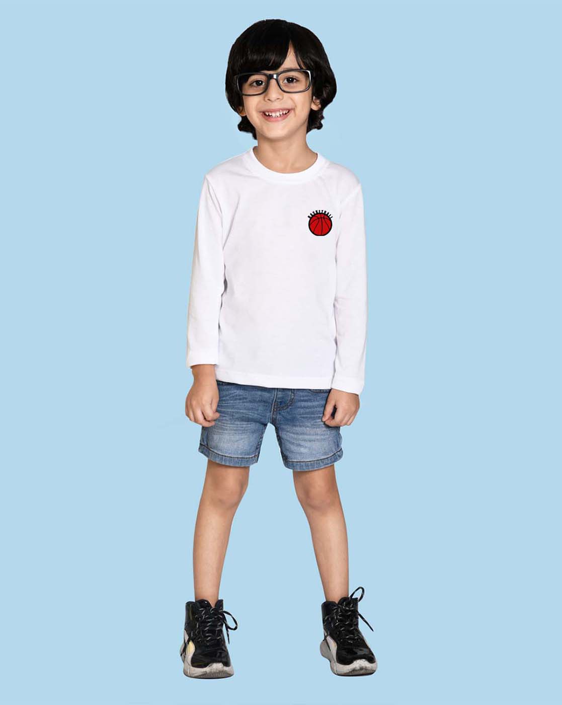 Nusyl White Basketball Printed Full Sleeve Cotton T-Shirts for Boys
