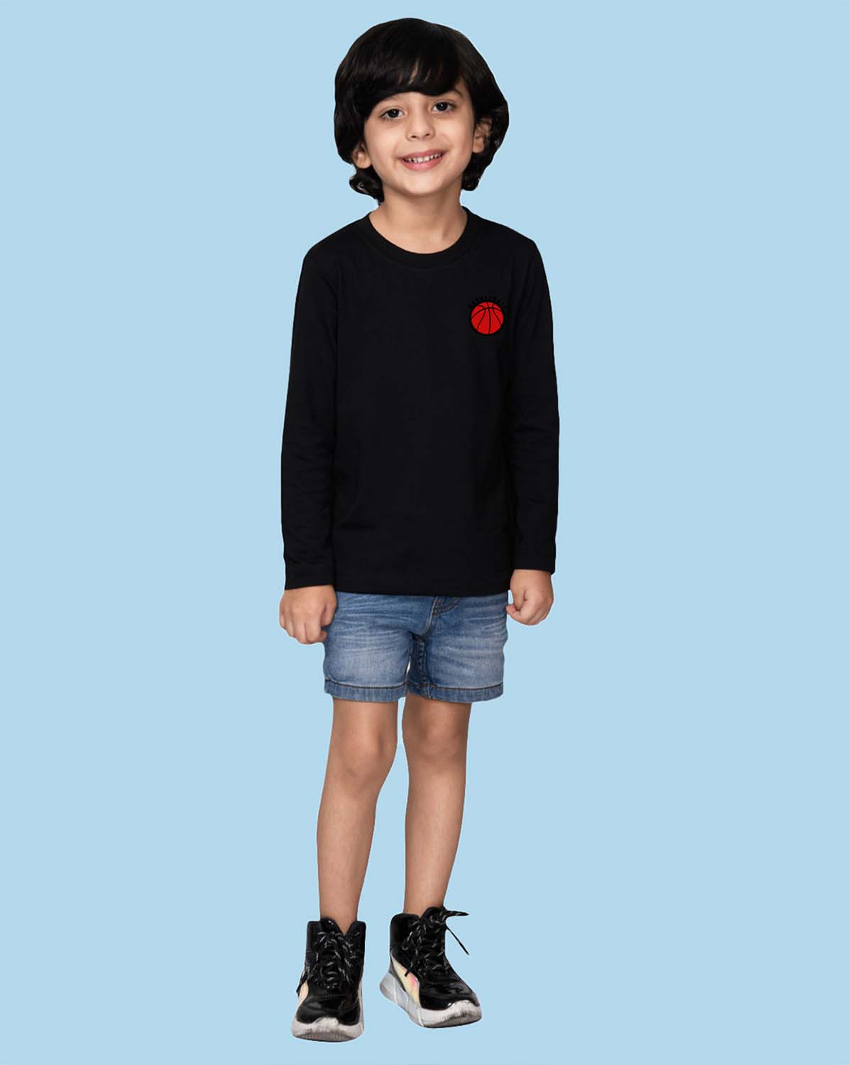 Nusyl Black Basketball Printed Full Sleeve Cotton T-Shirts for Boys