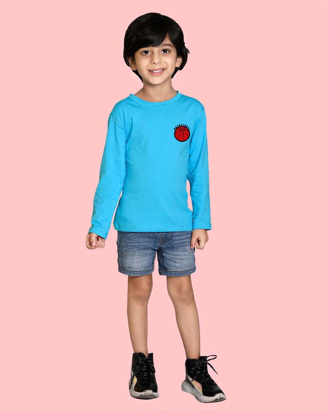 Nusyl Sky Blue Basketball Printed Full Sleeve Cotton T-Shirts for Boys