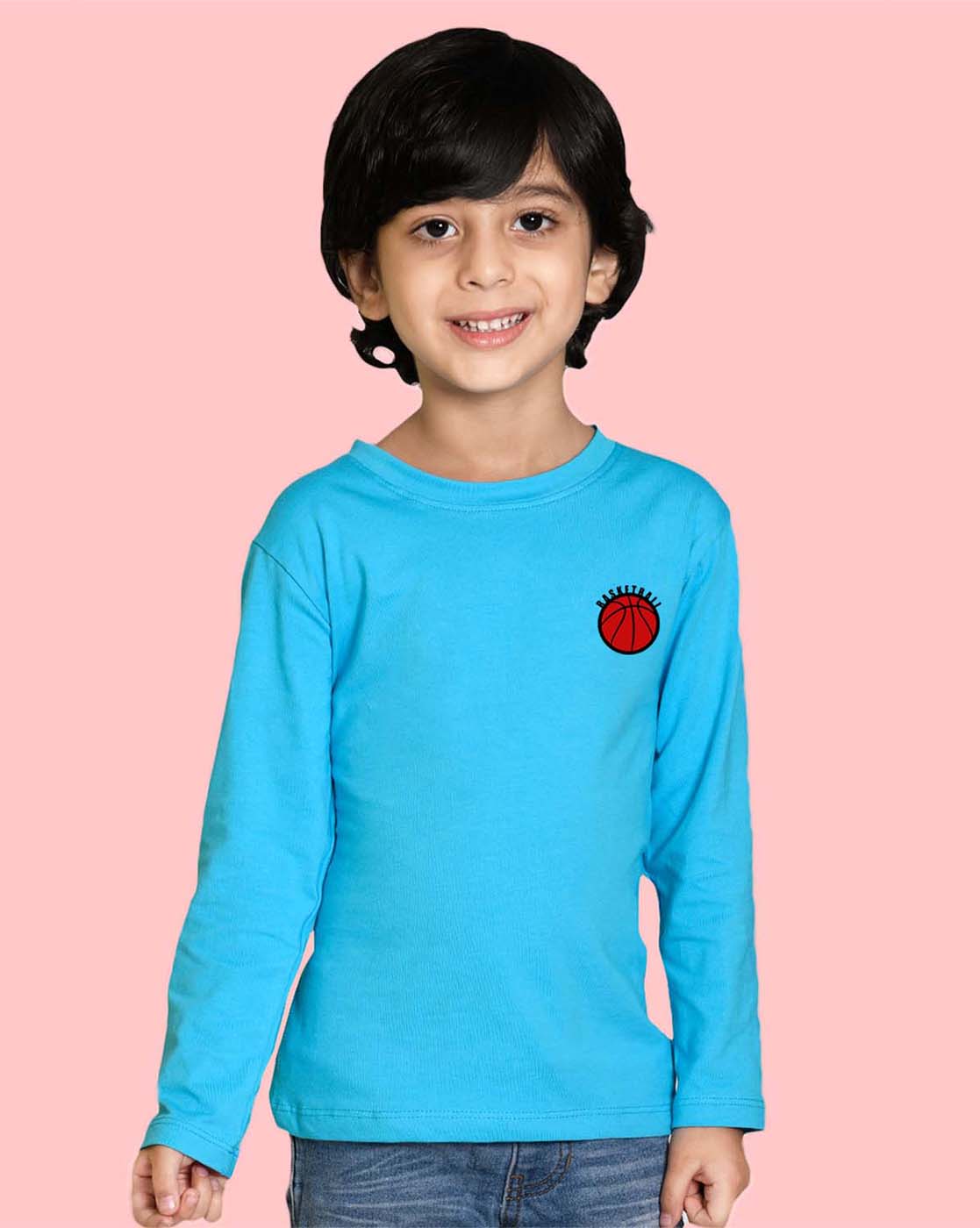 Nusyl Sky Blue Basketball Printed Full Sleeve Cotton T-Shirts for Boys