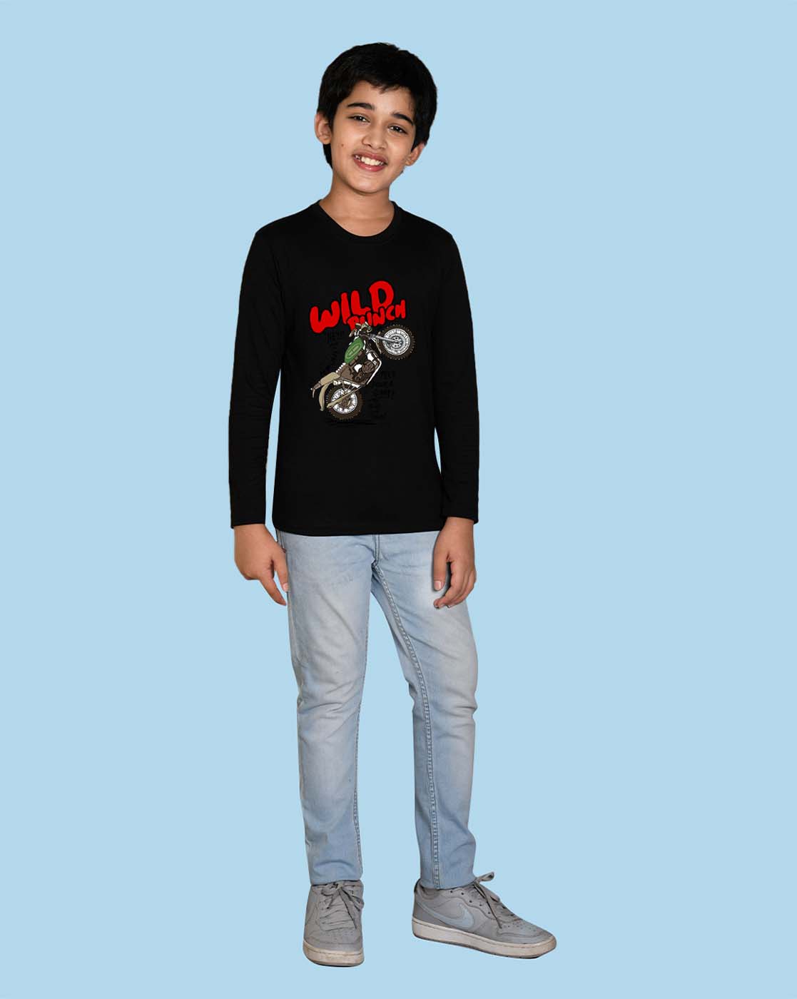 Nusyl Black Bike & Text Printed Full Sleeve Cotton T-Shirts for Boys