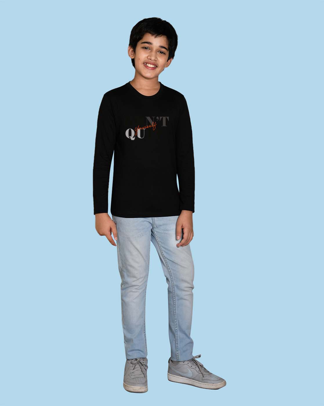 Nusyl Black Don't Quit Text Printed Full Sleeve Cotton T-Shirts for Boys