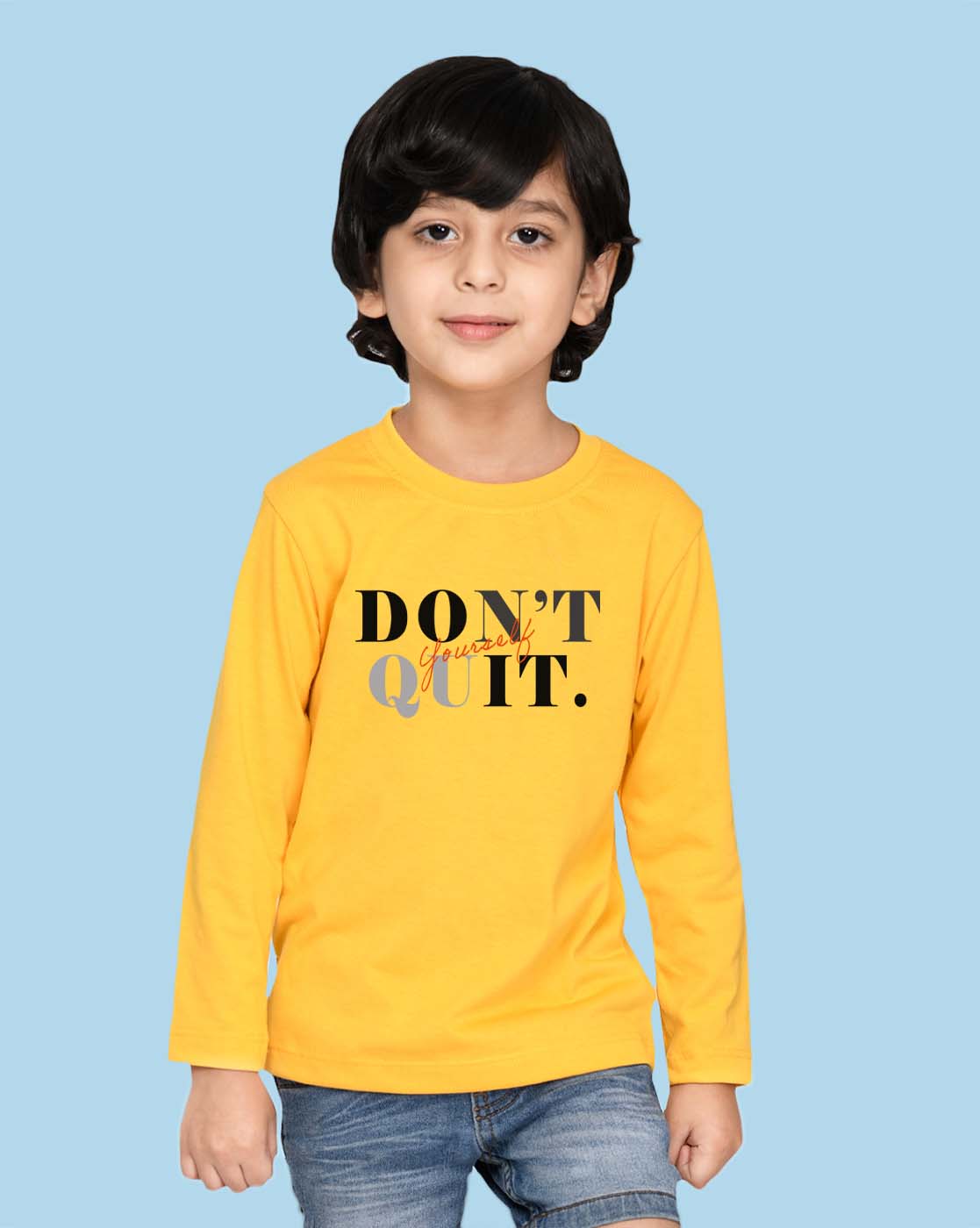 Nusyl Yellow Don't Quit Text Printed Full Sleeve Cotton T-Shirts for Boys