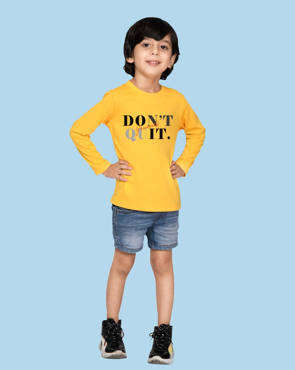 Nusyl Yellow Don't Quit Text Printed Full Sleeve Cotton T-Shirts for Boys