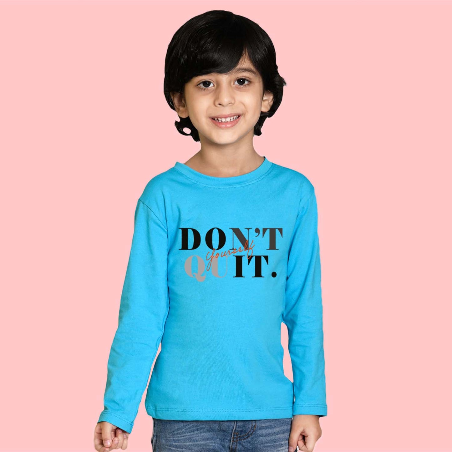Nusyl Sky Blue Don't Quit Text Printed Full Sleeve Cotton T-Shirts for Boys