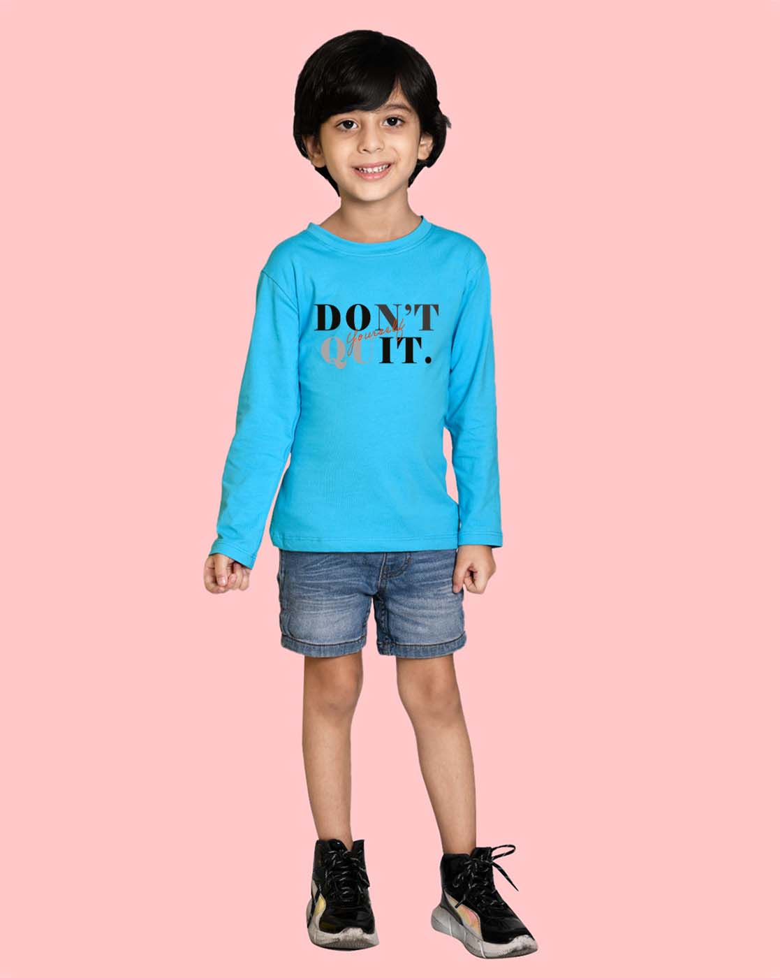 Nusyl Sky Blue Don't Quit Text Printed Full Sleeve Cotton T-Shirts for Boys