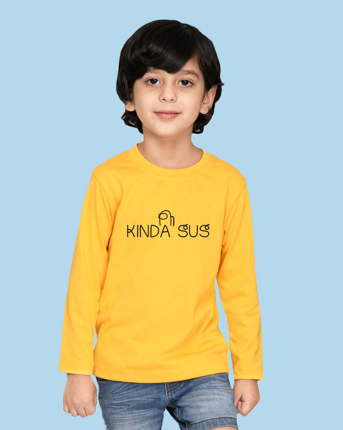 Nusyl Yellow Kinda sus Text Printed Full Sleeve Cotton T-Shirts for Boys